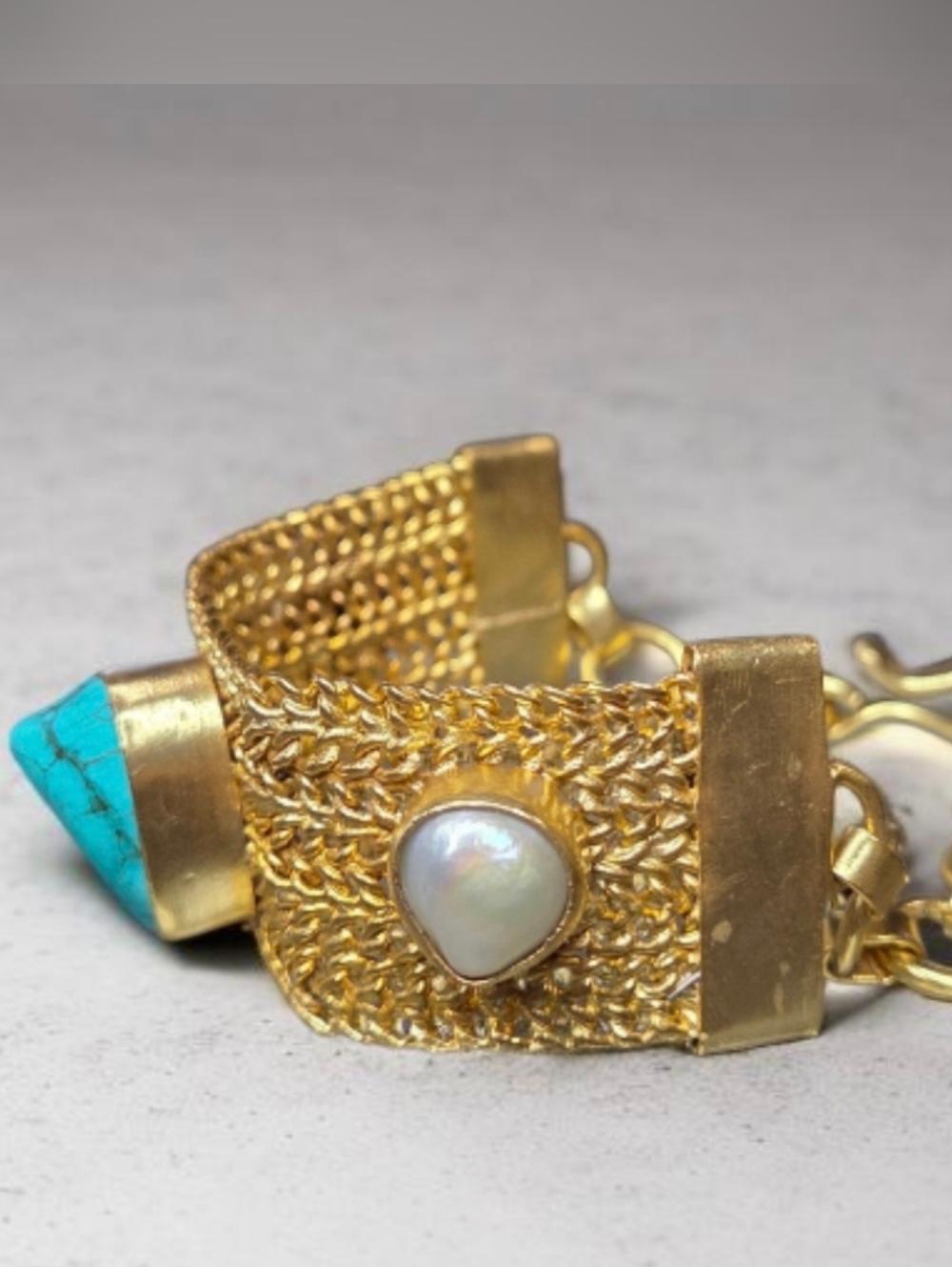 18k Matte Gold Plated Artisan Turquoise Freshwater Pearl Chunky Chain Bracelet - Picture 6 of 7
